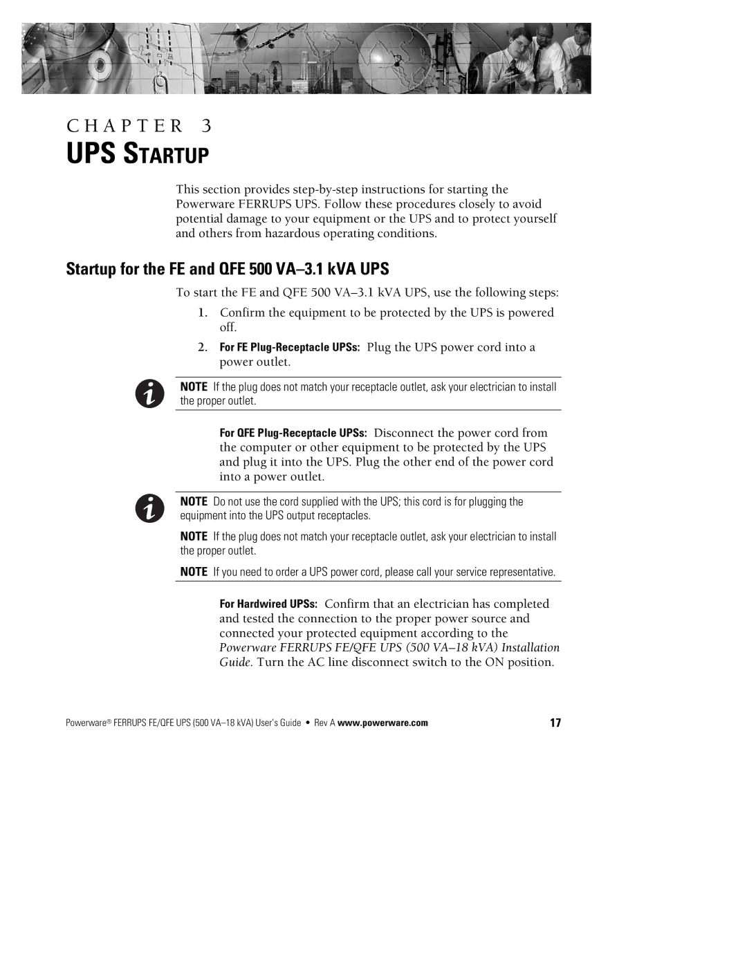 Powerware FE/QFE UPS manual UPS Startup, Startup for the FE and QFE 500 VA-3.1 kVA UPS 