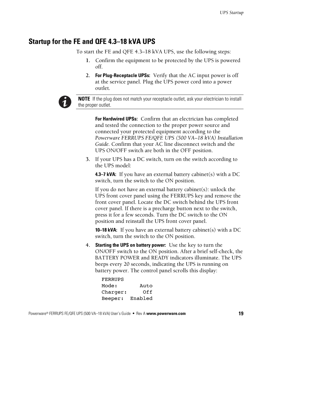 Powerware FE/QFE UPS manual Startup for the FE and QFE 4.3-18 kVA UPS 