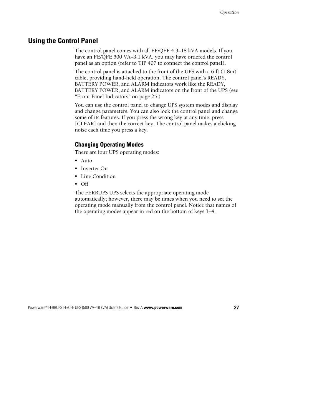 Powerware FE/QFE UPS manual Using the Control Panel, Changing Operating Modes 