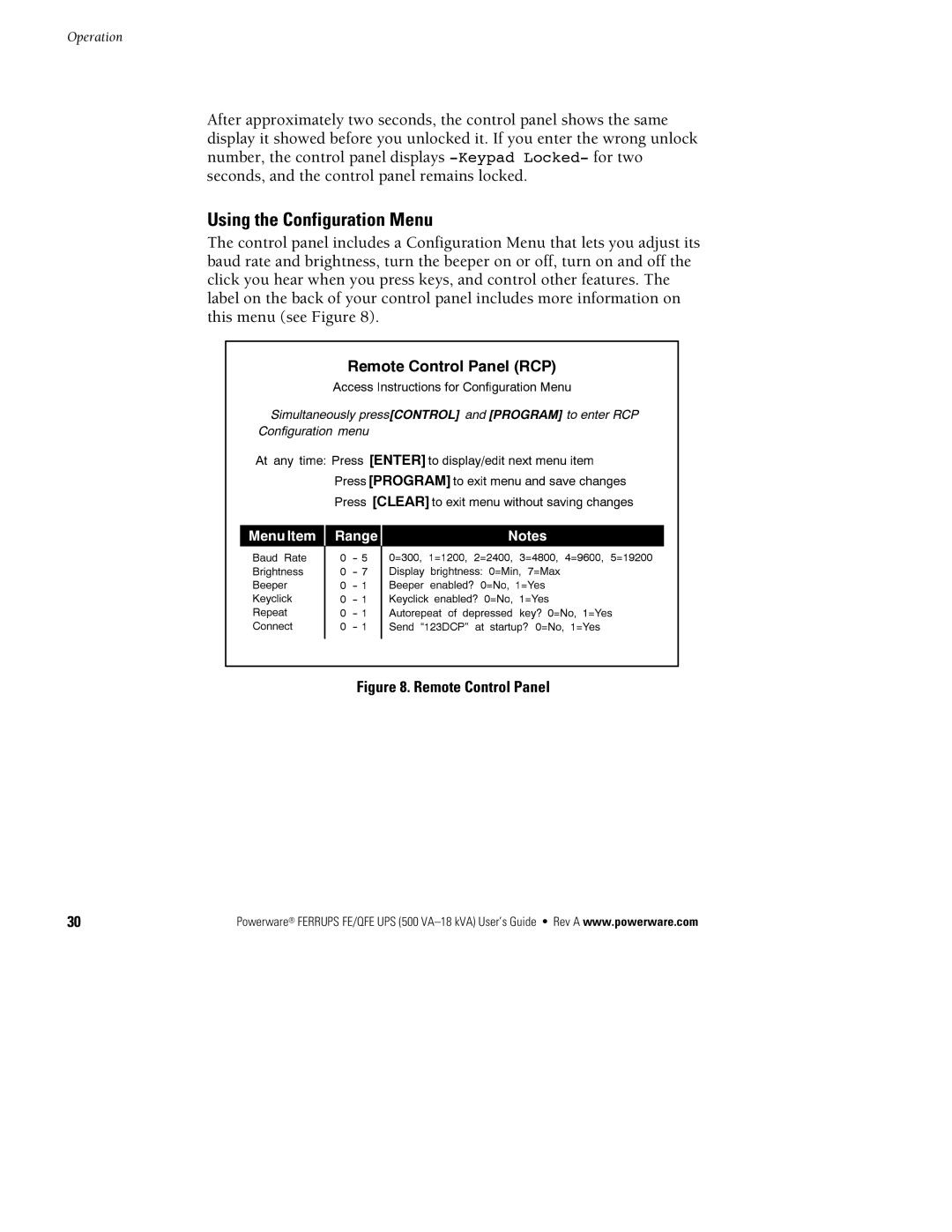 Powerware FE/QFE UPS manual Using the Configuration Menu, Remote Control Panel 