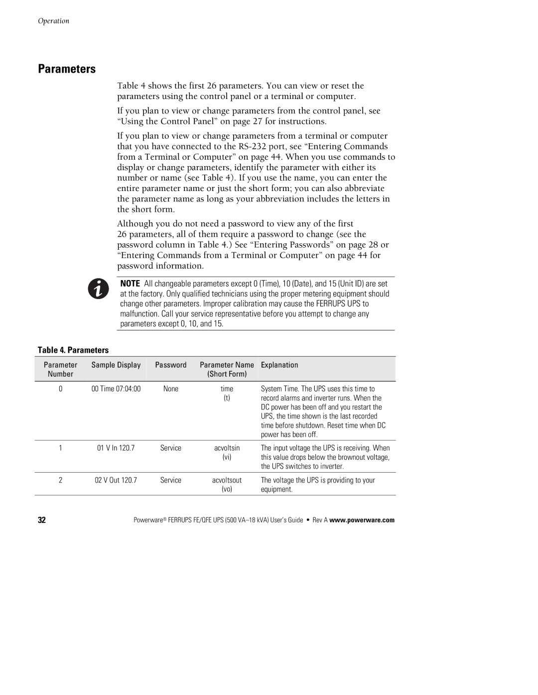 Powerware FE/QFE UPS manual Parameters 