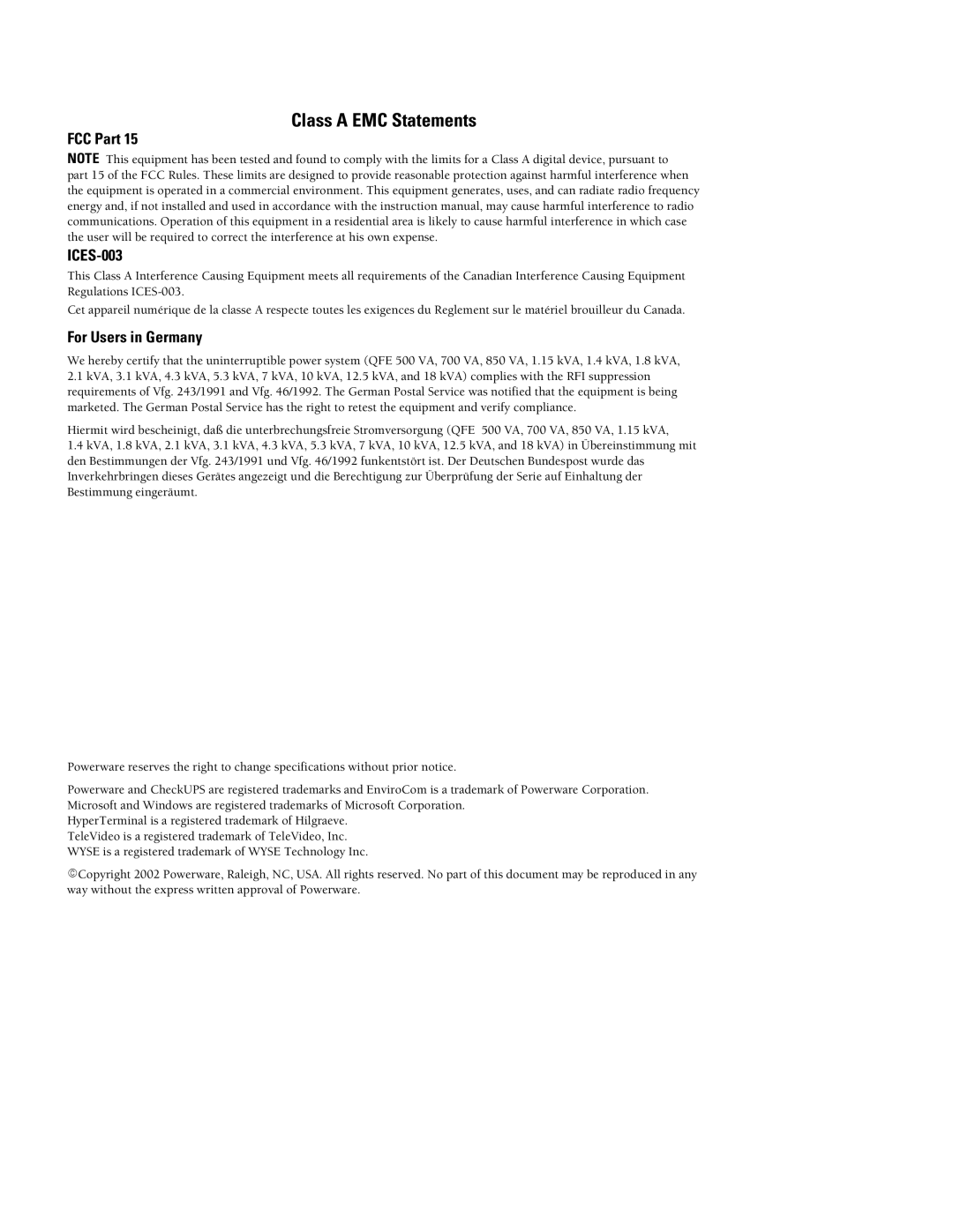 Powerware FE/QFE UPS manual Class a EMC Statements, FCC Part ICES-003, For Users in Germany 