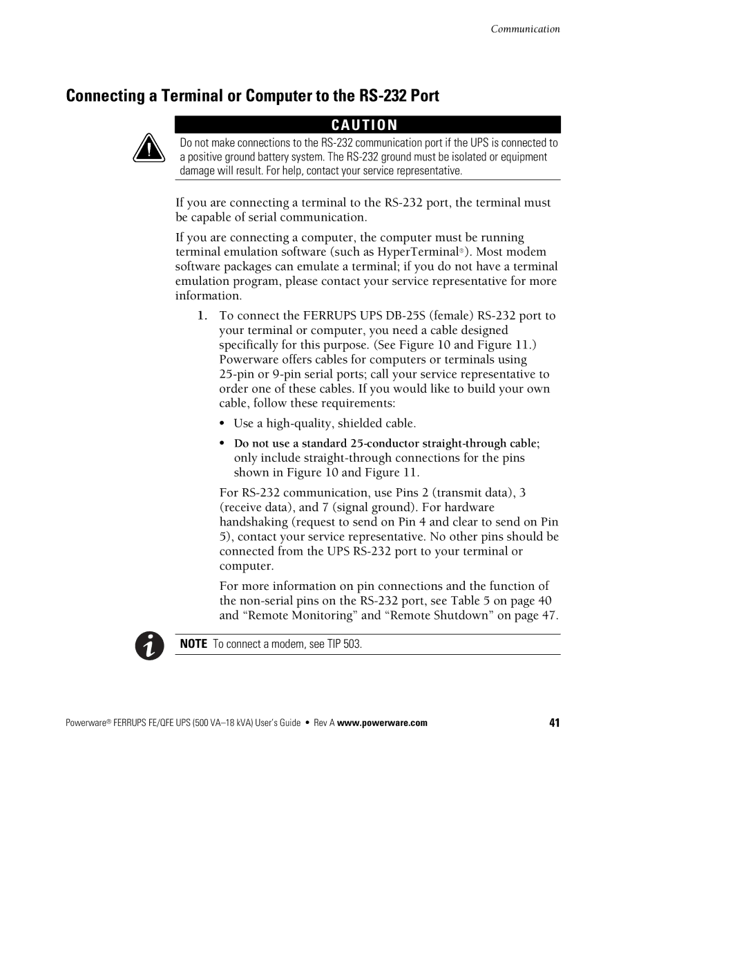 Powerware FE/QFE UPS manual Connecting a Terminal or Computer to the RS-232 Port, U T I O N 