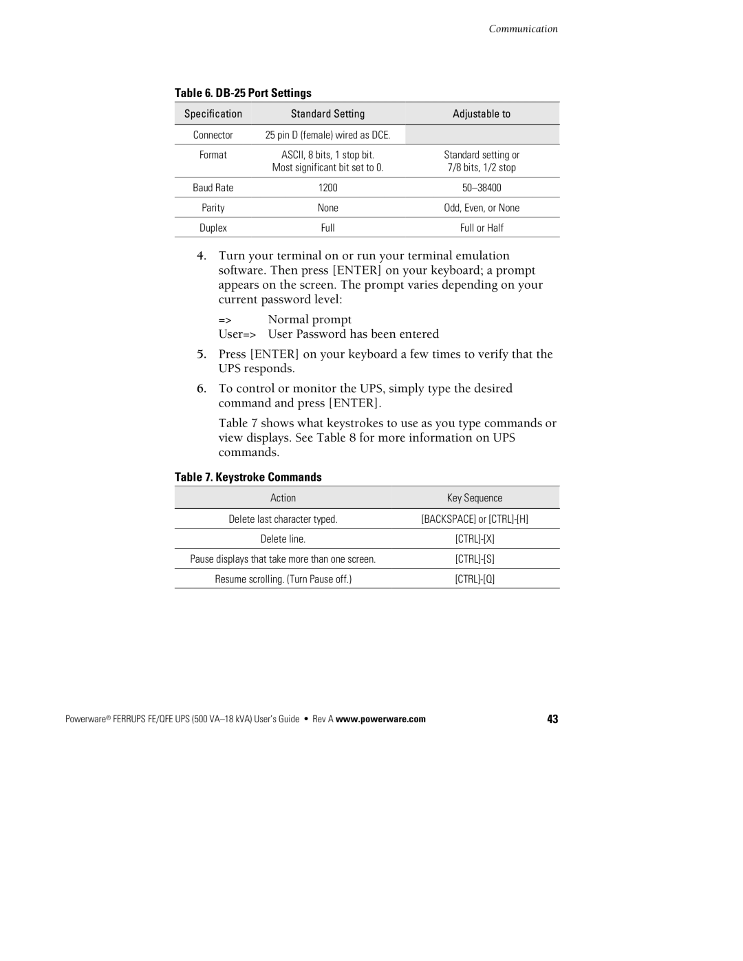 Powerware FE/QFE UPS manual DB-25 Port Settings, Keystroke Commands, Action Key Sequence 