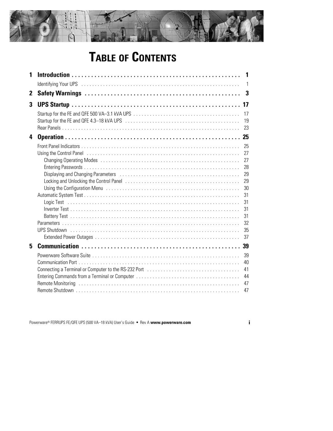 Powerware FE/QFE UPS manual Table of Contents 