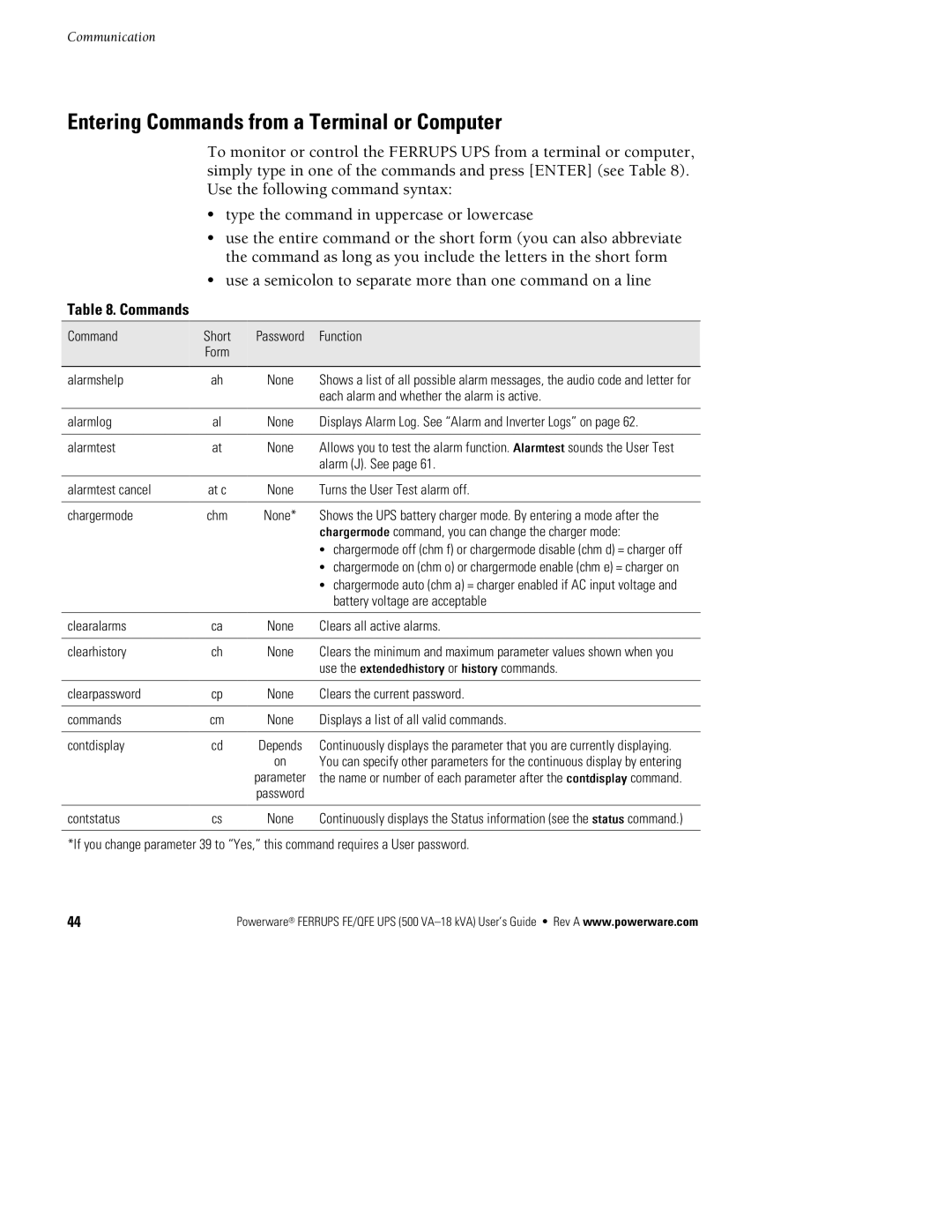 Powerware FE/QFE UPS manual Entering Commands from a Terminal or Computer 