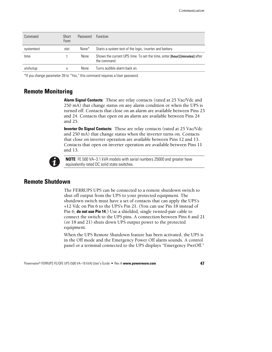 Powerware FE/QFE UPS manual Remote Monitoring, Remote Shutdown 