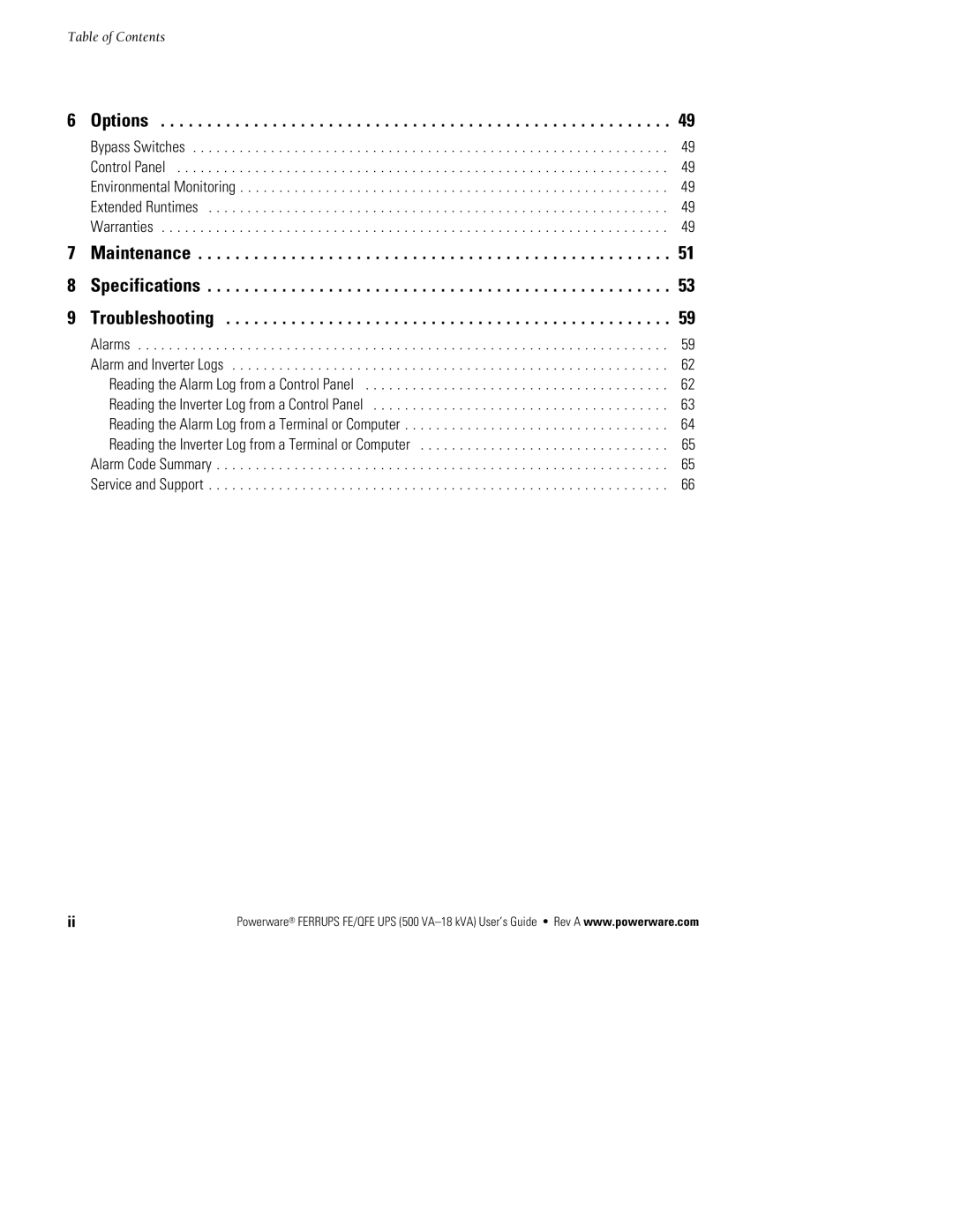 Powerware FE/QFE UPS manual Options, Alarm Code Summary Service and Support 