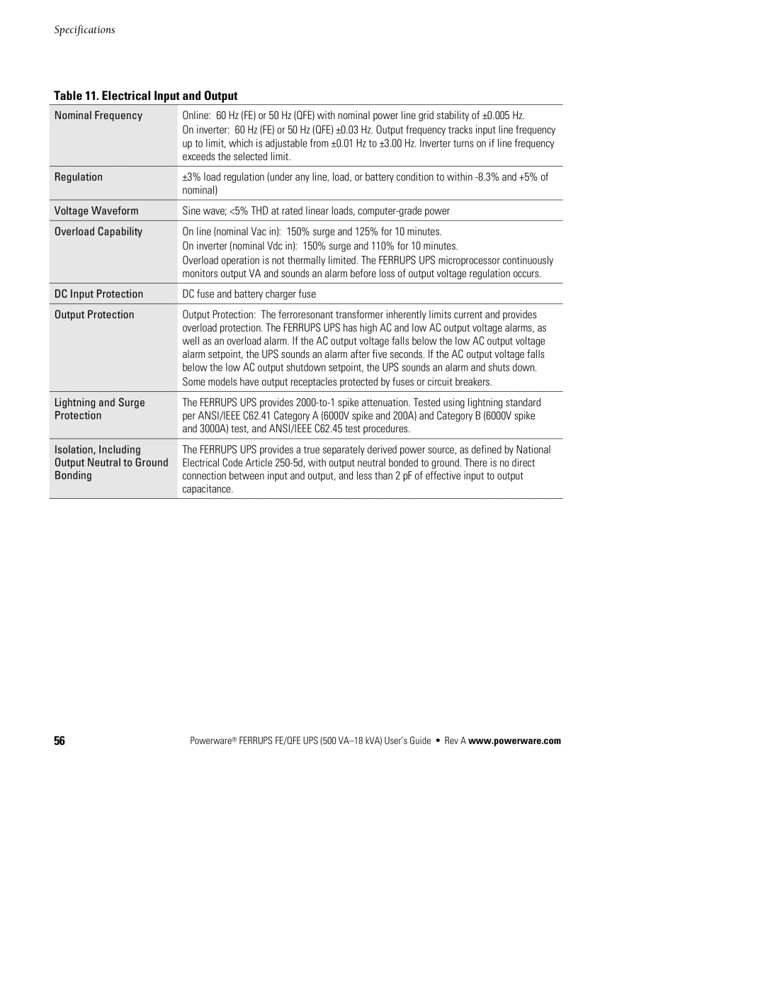 Powerware FE/QFE UPS manual Electrical Input and Output 