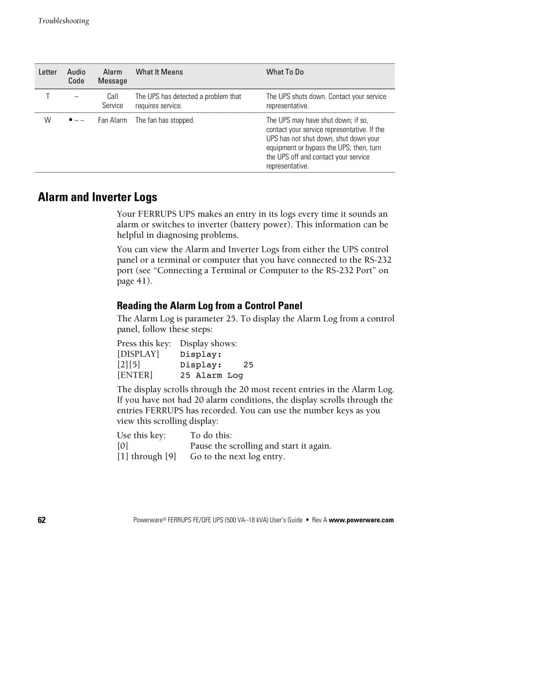 Powerware FE/QFE UPS Alarm and Inverter Logs, Reading the Alarm Log from a Control Panel, Requires service Representative 