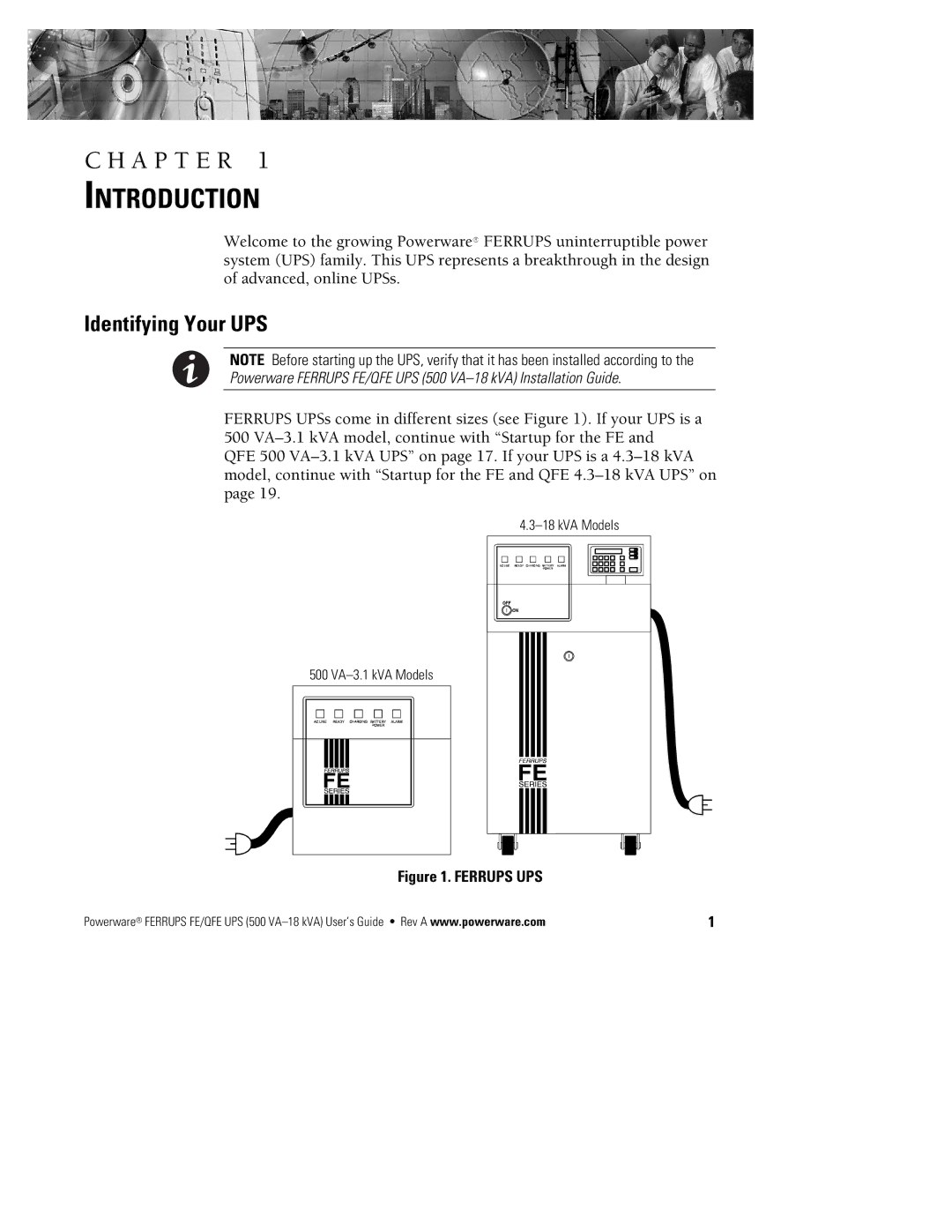 Powerware FE/QFE UPS manual Introduction, Identifying Your UPS, KVA Models 500 VA-3.1 kVA Models 