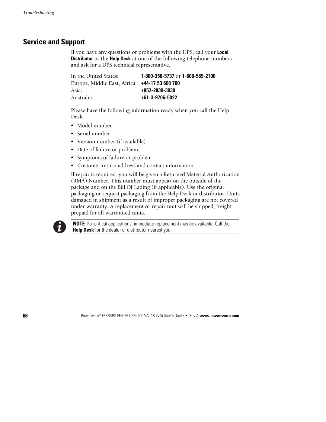 Powerware FE/QFE UPS manual 852--3030, Service and Support 