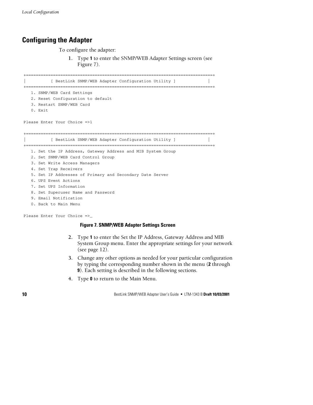 Powerware IPK-0318, IPK-0320, IPK-0319 manual Configuring the Adapter, SNMP/WEB Adapter Settings Screen 