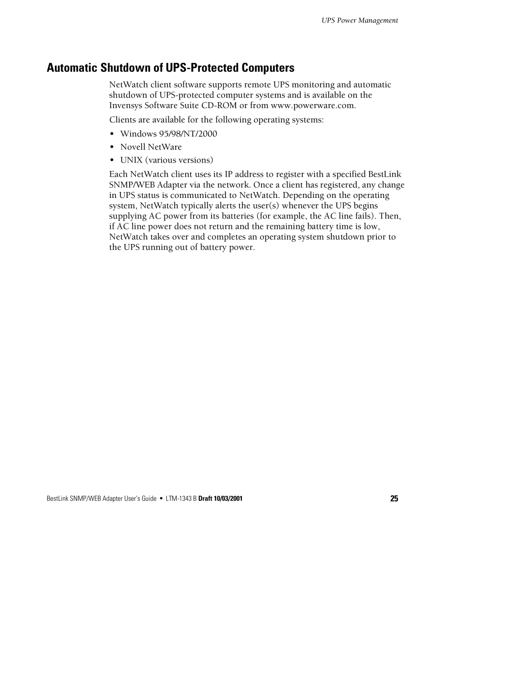 Powerware IPK-0318, IPK-0320, IPK-0319 manual Automatic Shutdown of UPS-Protected Computers 