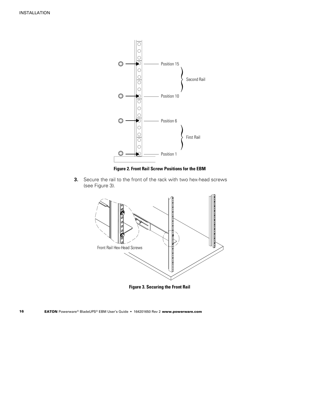 Powerware none manual Front Rail Screw Positions for the EBM 