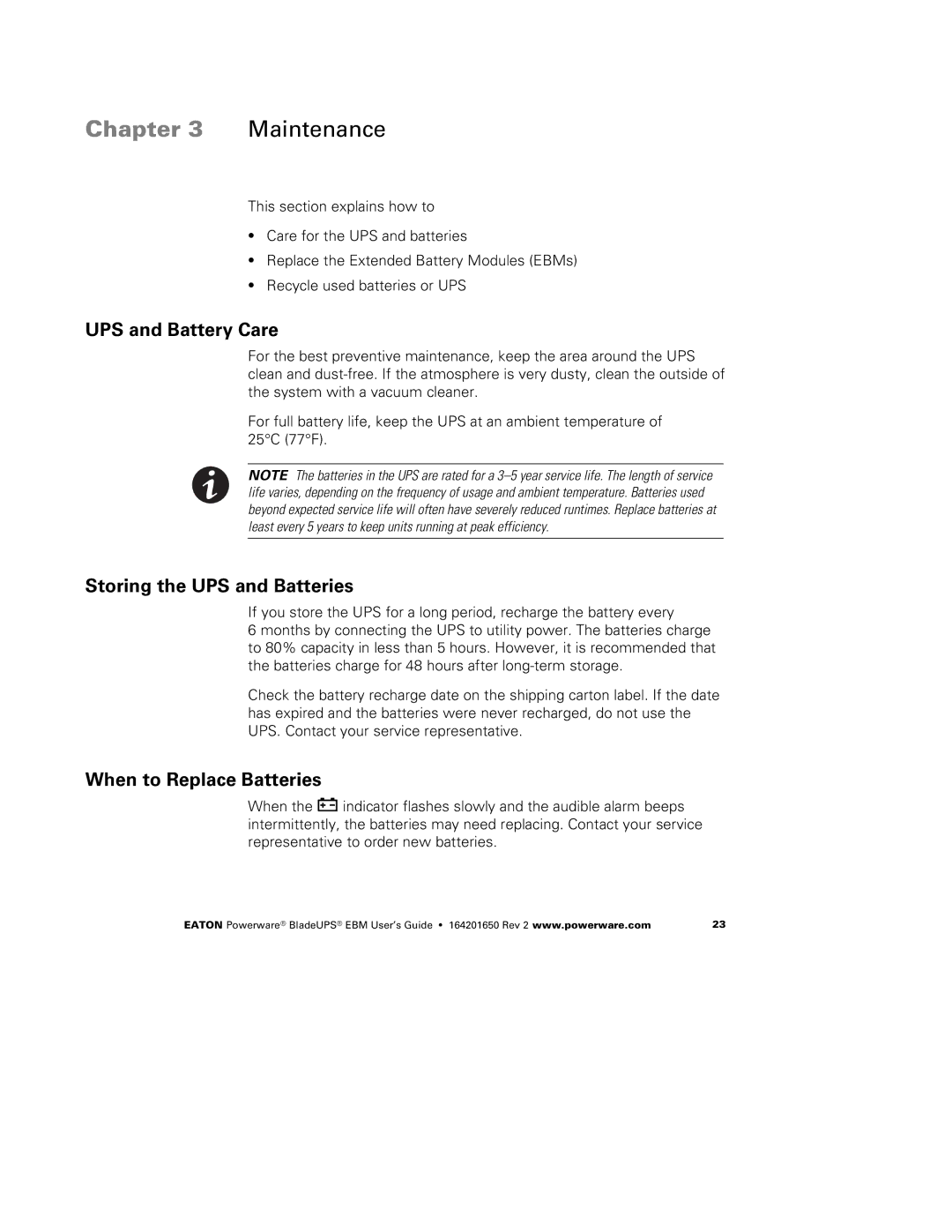 Powerware none manual UPS and Battery Care, Storing the UPS and Batteries, When to Replace Batteries 