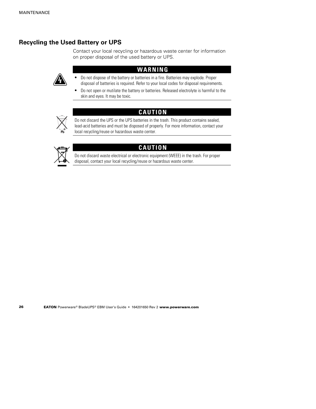 Powerware none manual Recycling the Used Battery or UPS 