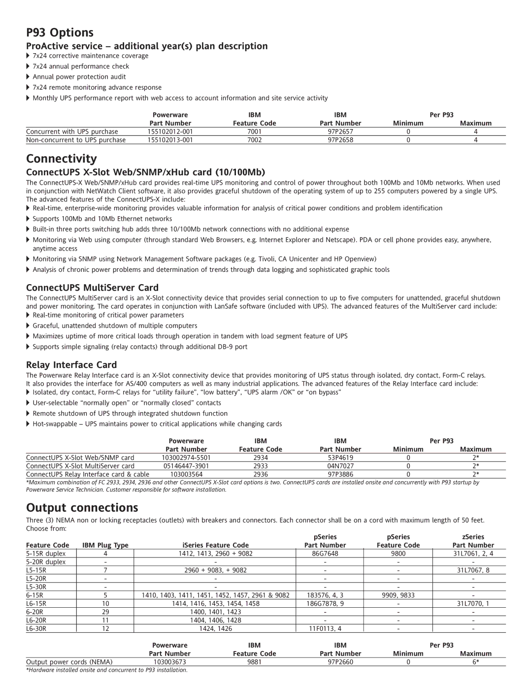 Powerware warranty P93 Options, Connectivity, Output connections 