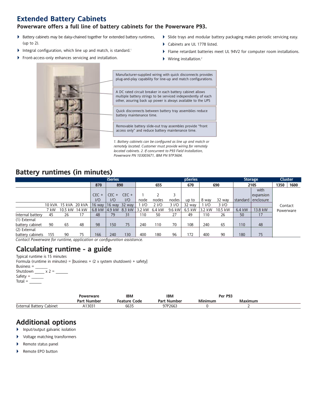 Powerware P93 Extended Battery Cabinets, Battery runtimes in minutes, Calculating runtime a guide, Additional options 