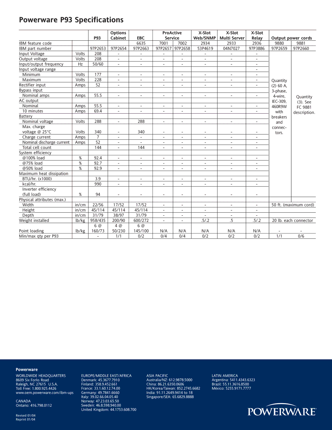 Powerware warranty Powerware P93 Specifications, Options ProActive Slot P93 Cabinet 