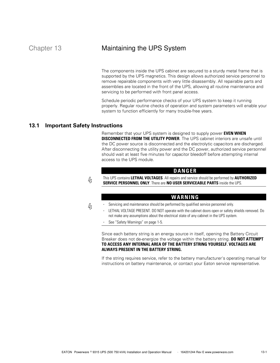 Powerware Powerware 9315 operation manual Chapter Maintaining the UPS System, Important Safety Instructions 