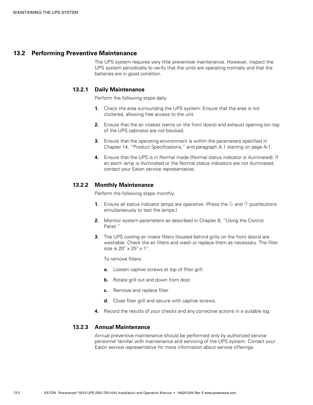 Powerware Powerware 9315 Performing Preventive Maintenance, Daily Maintenance, Monthly Maintenance, Annual Maintenance 