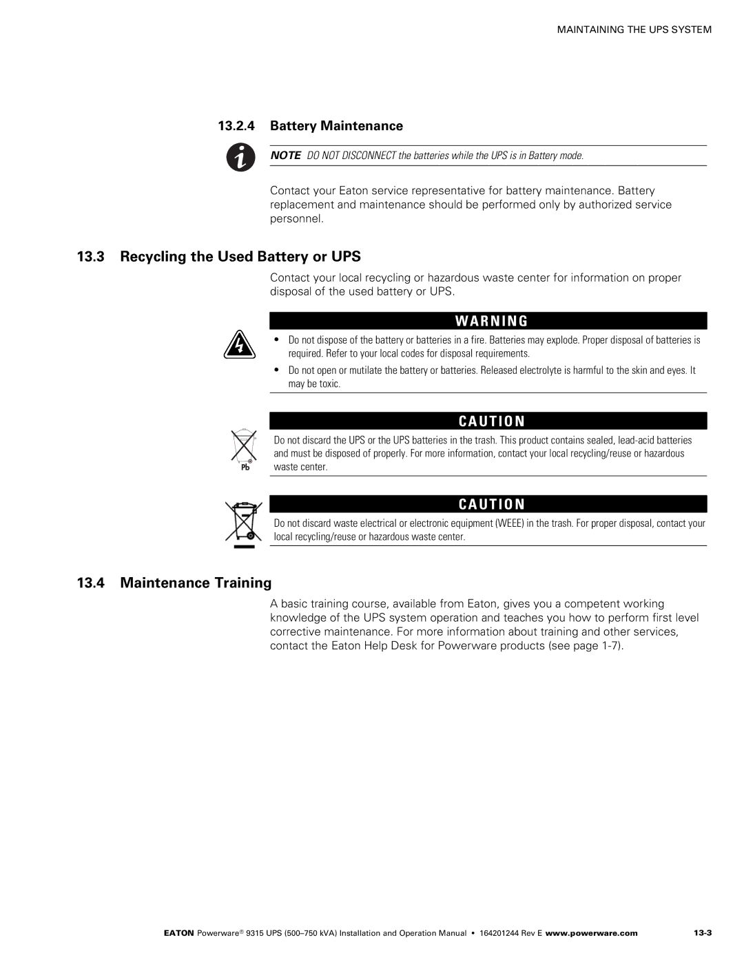 Powerware Powerware 9315 operation manual Recycling the Used Battery or UPS, Maintenance Training, Battery Maintenance 