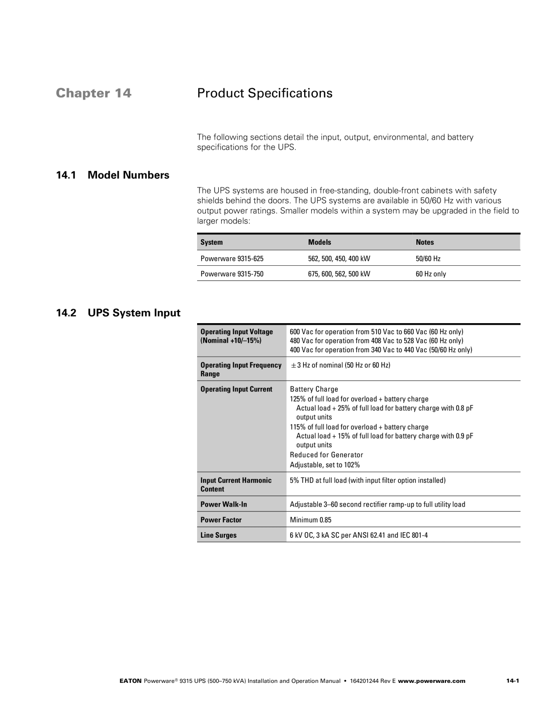 Powerware Powerware 9315 operation manual Chapter Product Specifications, Model Numbers, UPS System Input 