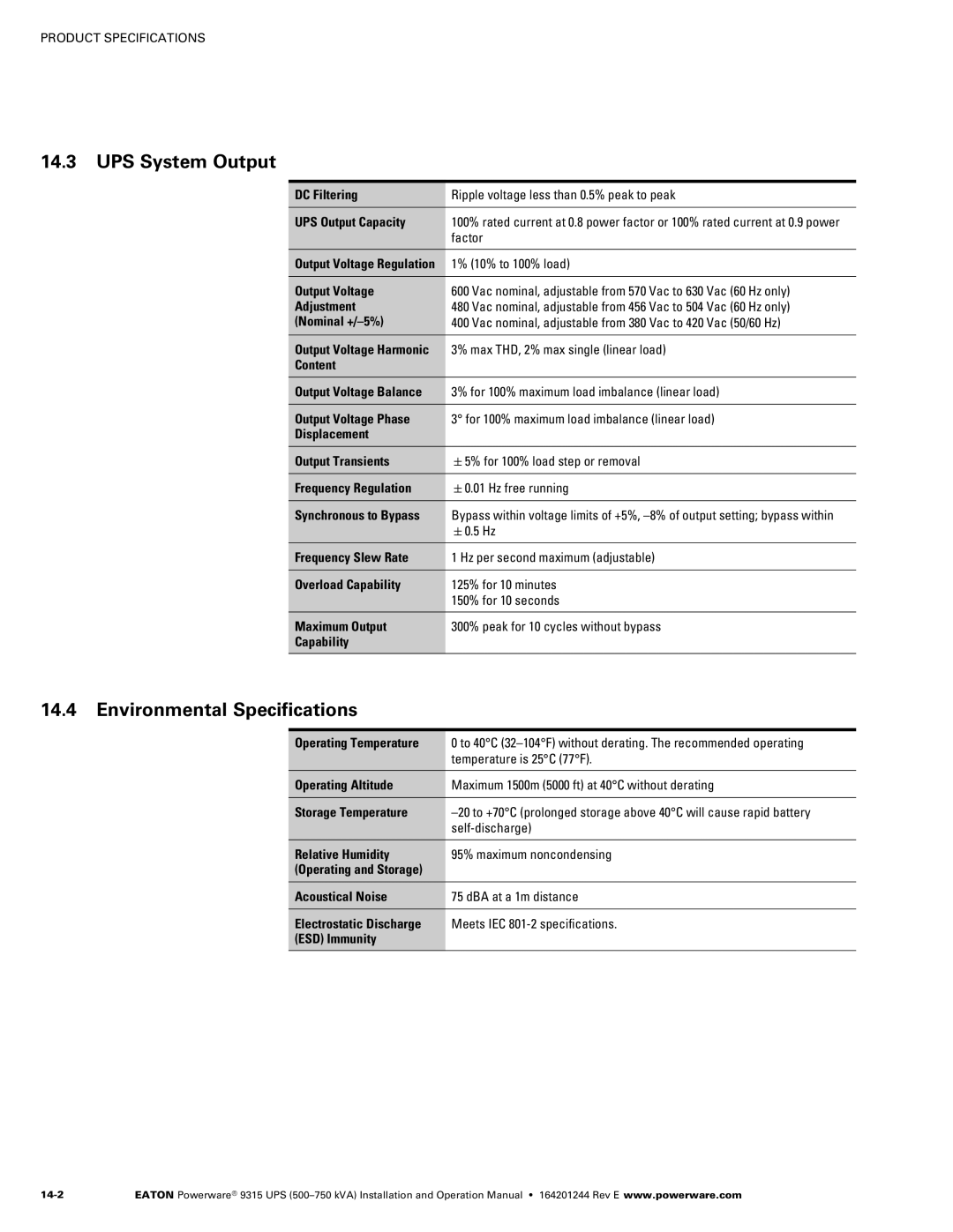 Powerware Powerware 9315 operation manual UPS System Output, Environmental Specifications 