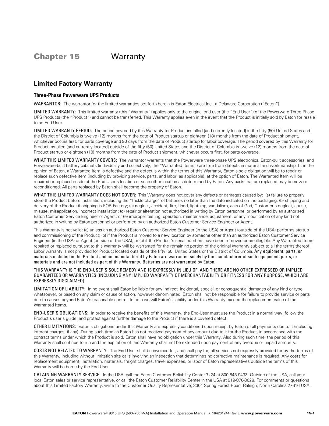 Powerware Powerware 9315 operation manual Chapter Warranty, Limited Factory Warranty 