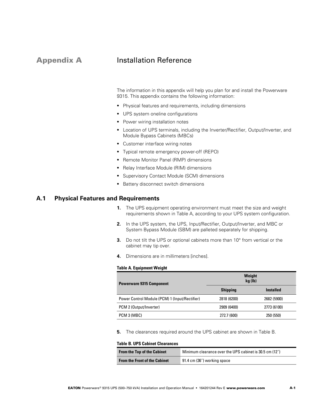 Powerware Powerware 9315 Appendix a Installation Reference, Physical Features and Requirements, Table A. Equipment Weight 