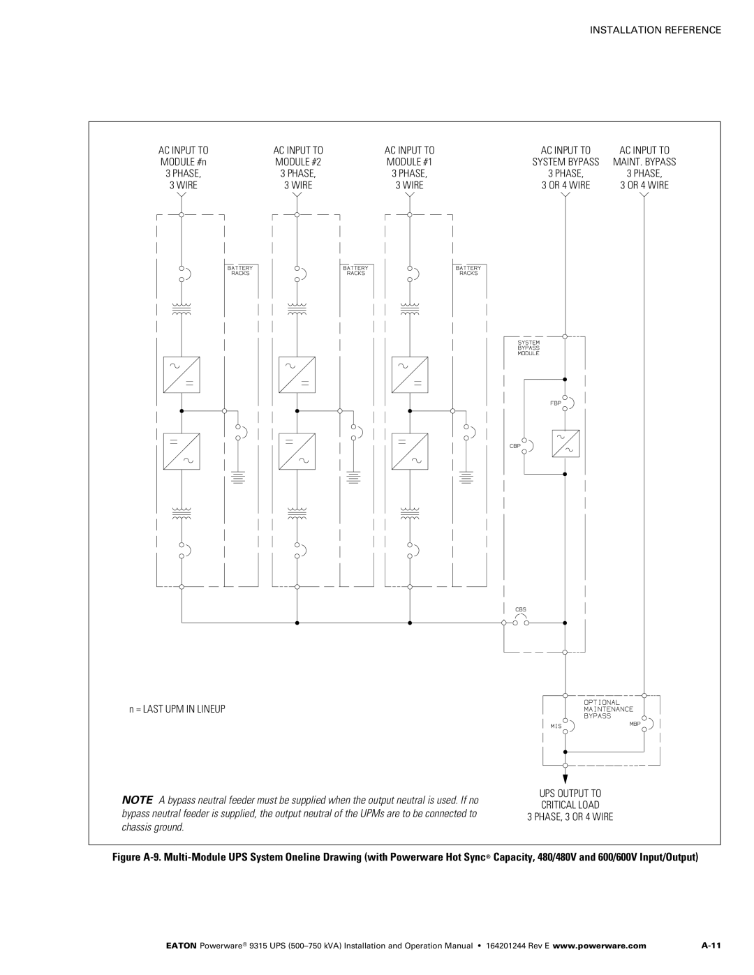 Powerware Powerware 9315 operation manual UPS Output to Critical Load PHASE, 3 or 4 Wire 