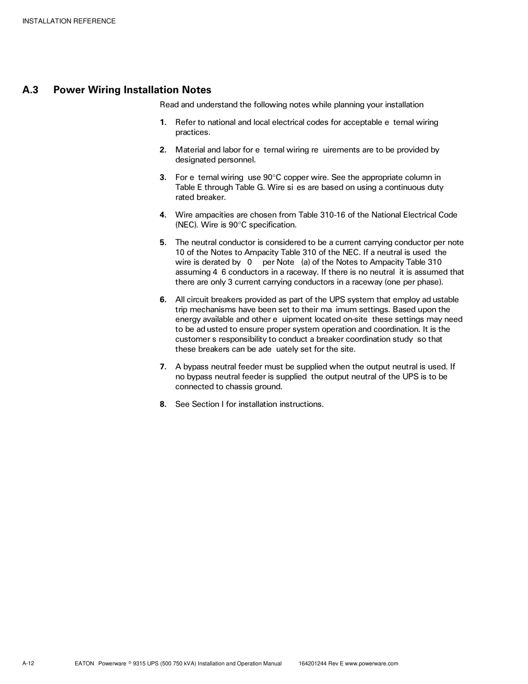 Powerware Powerware 9315 operation manual Power Wiring Installation Notes 