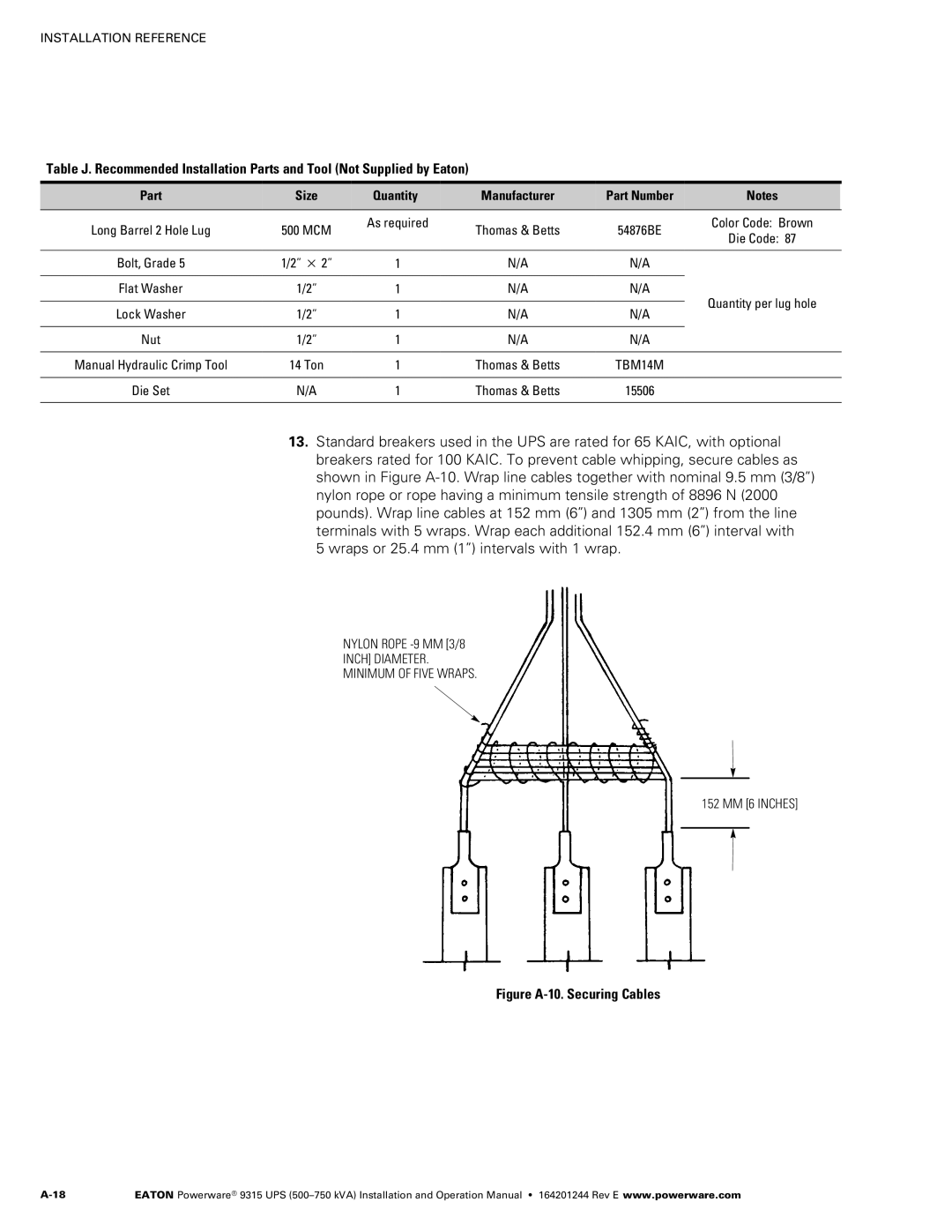 Powerware Powerware 9315 operation manual Figure A‐10. Securing Cables, Part Size Quantity Manufacturer 