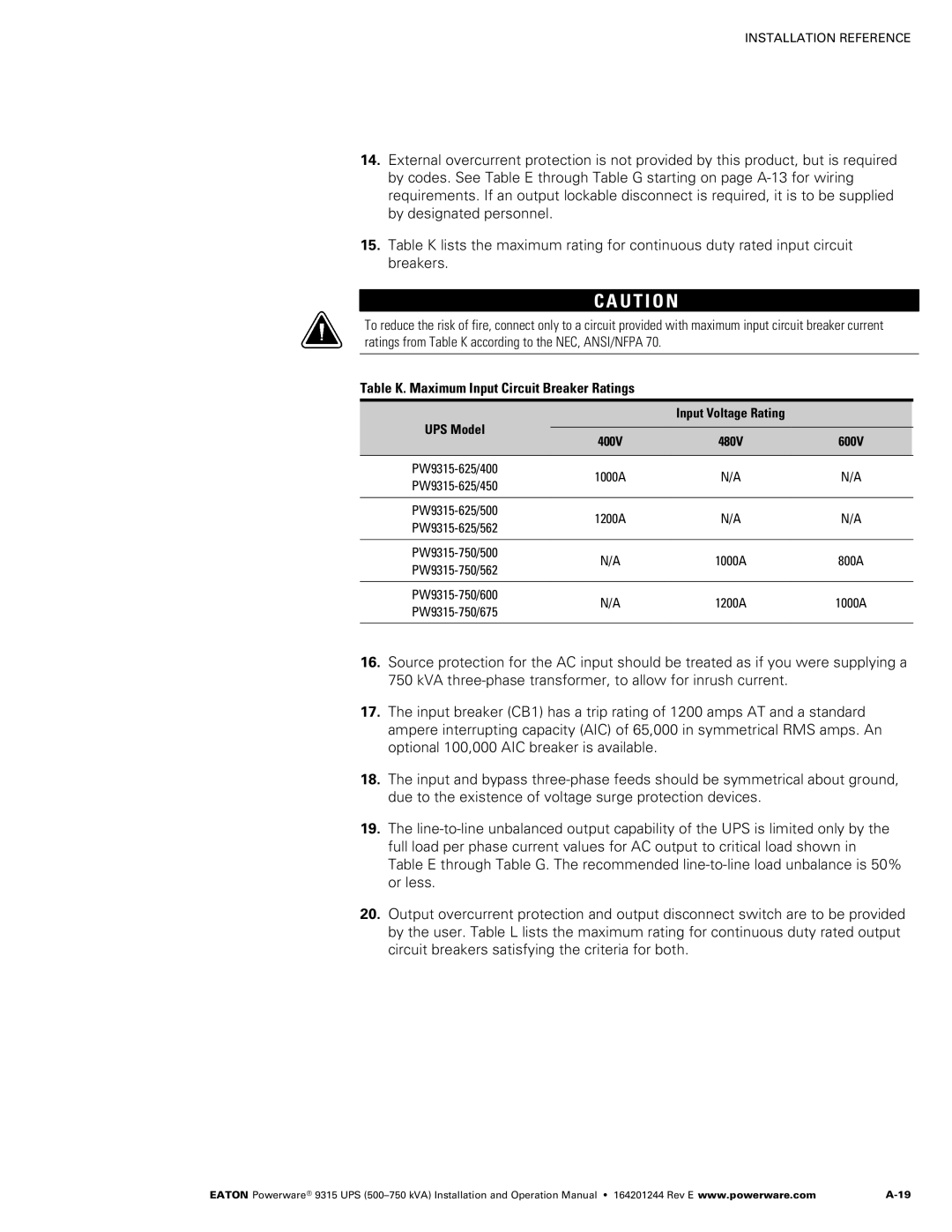 Powerware Powerware 9315 operation manual Table K. Maximum Input Circuit Breaker Ratings, Input Voltage Rating 