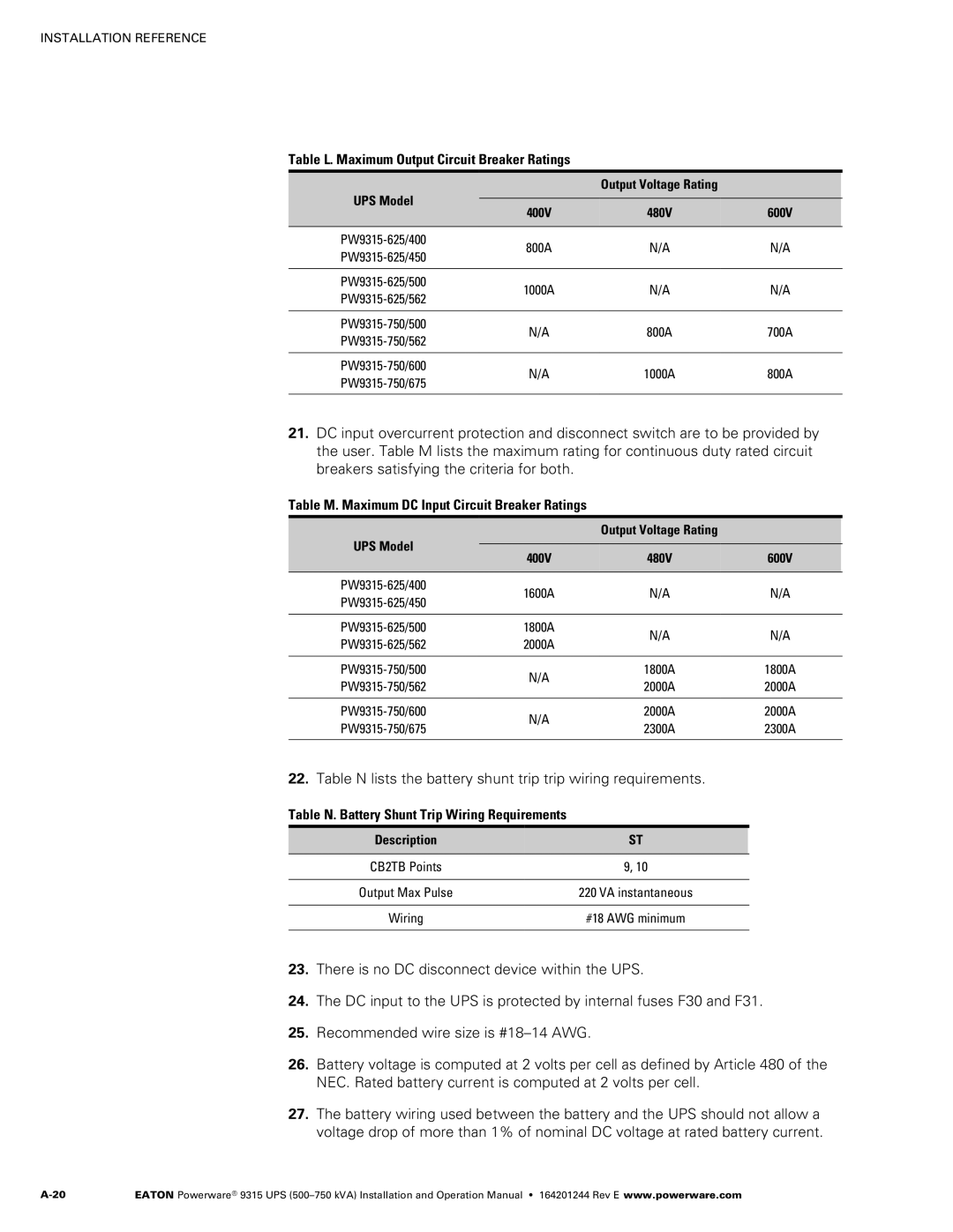 Powerware Powerware 9315 Table L. Maximum Output Circuit Breaker Ratings, Table N. Battery Shunt Trip Wiring Requirements 