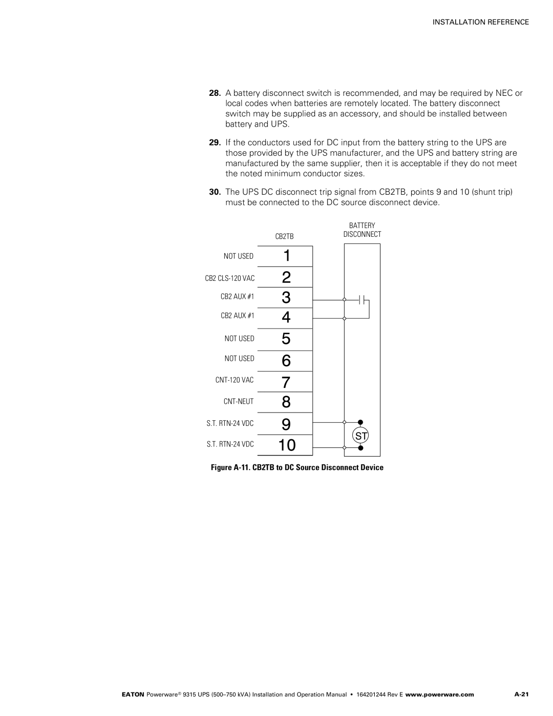 Powerware Powerware 9315 operation manual Figure A‐11. CB2TB to DC Source Disconnect Device 