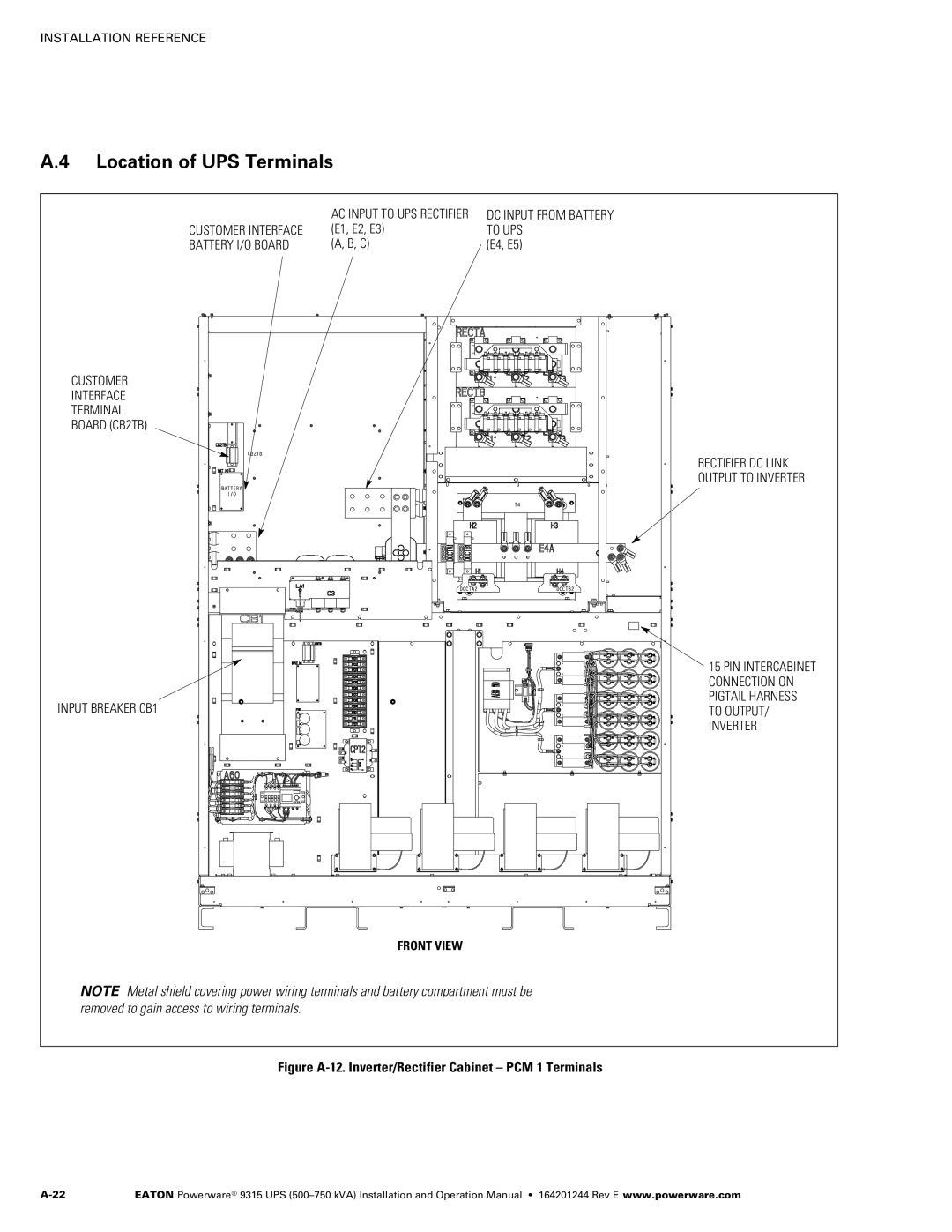 Powerware Powerware 9315 Location of UPS Terminals, Figure A‐12. Inverter/Rectifier Cabinet PCM 1 Terminals 