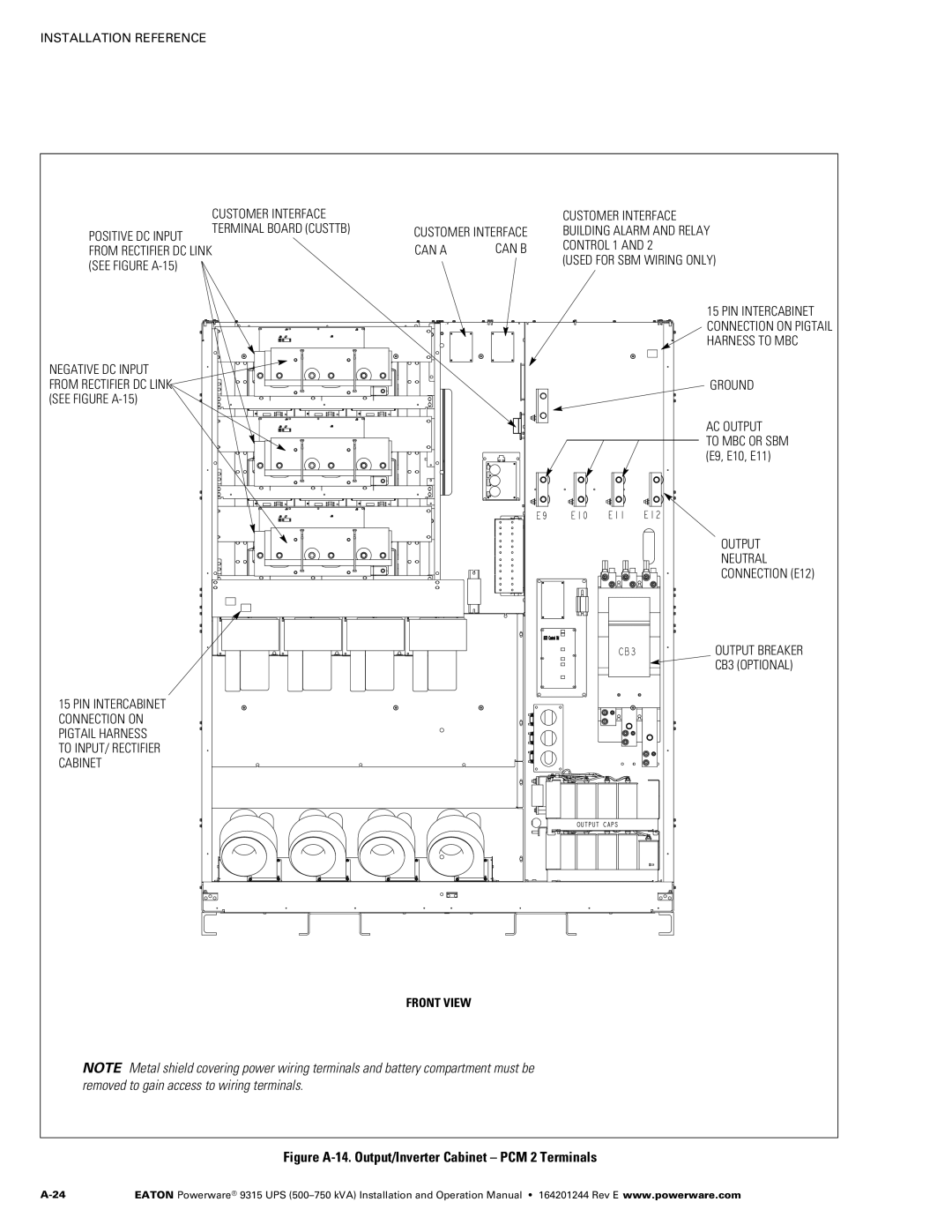 Powerware Powerware 9315 operation manual Figure A‐14. Output/Inverter Cabinet PCM 2 Terminals 