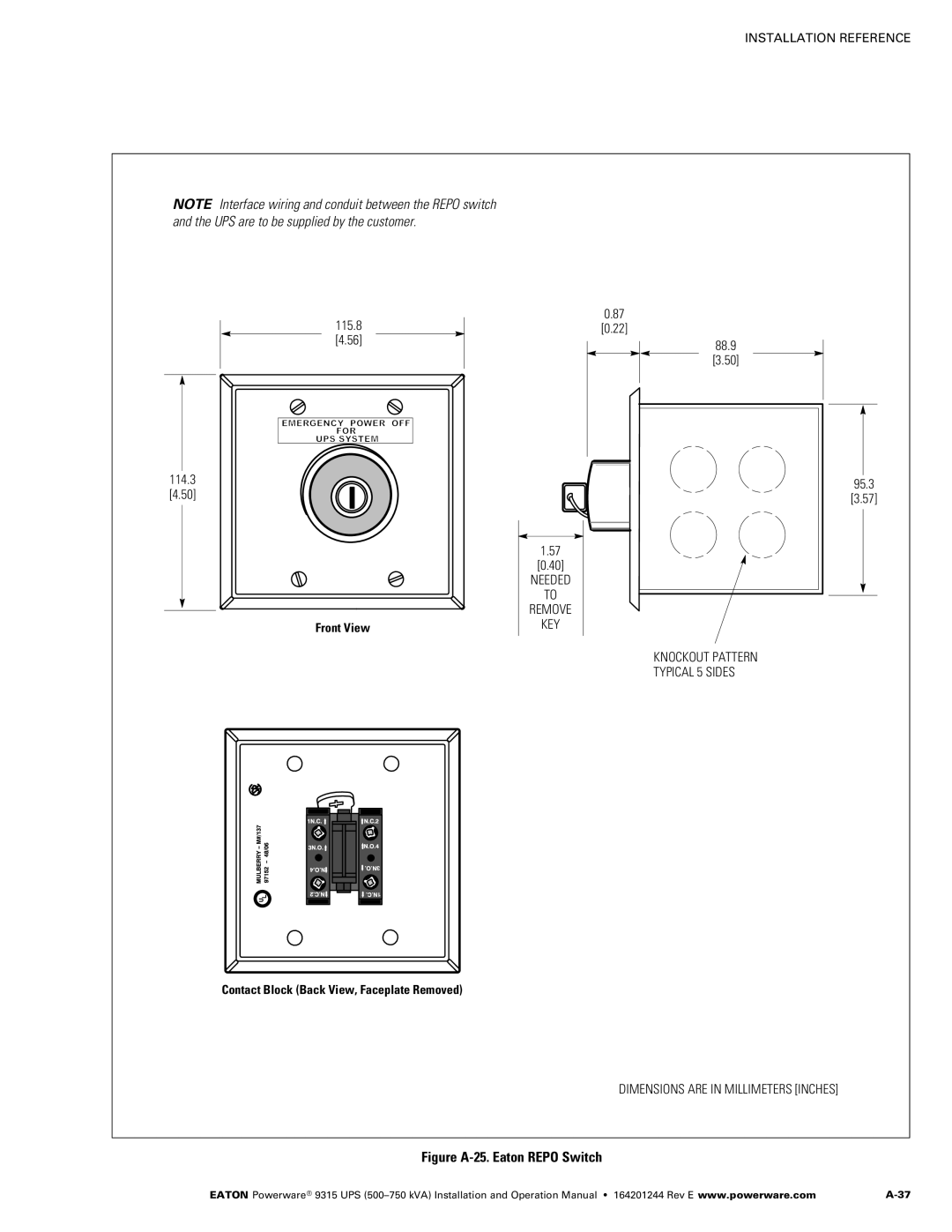 Powerware Powerware 9315 Figure A‐25. Eaton Repo Switch, Front View Contact Block Back View, Faceplate Removed 