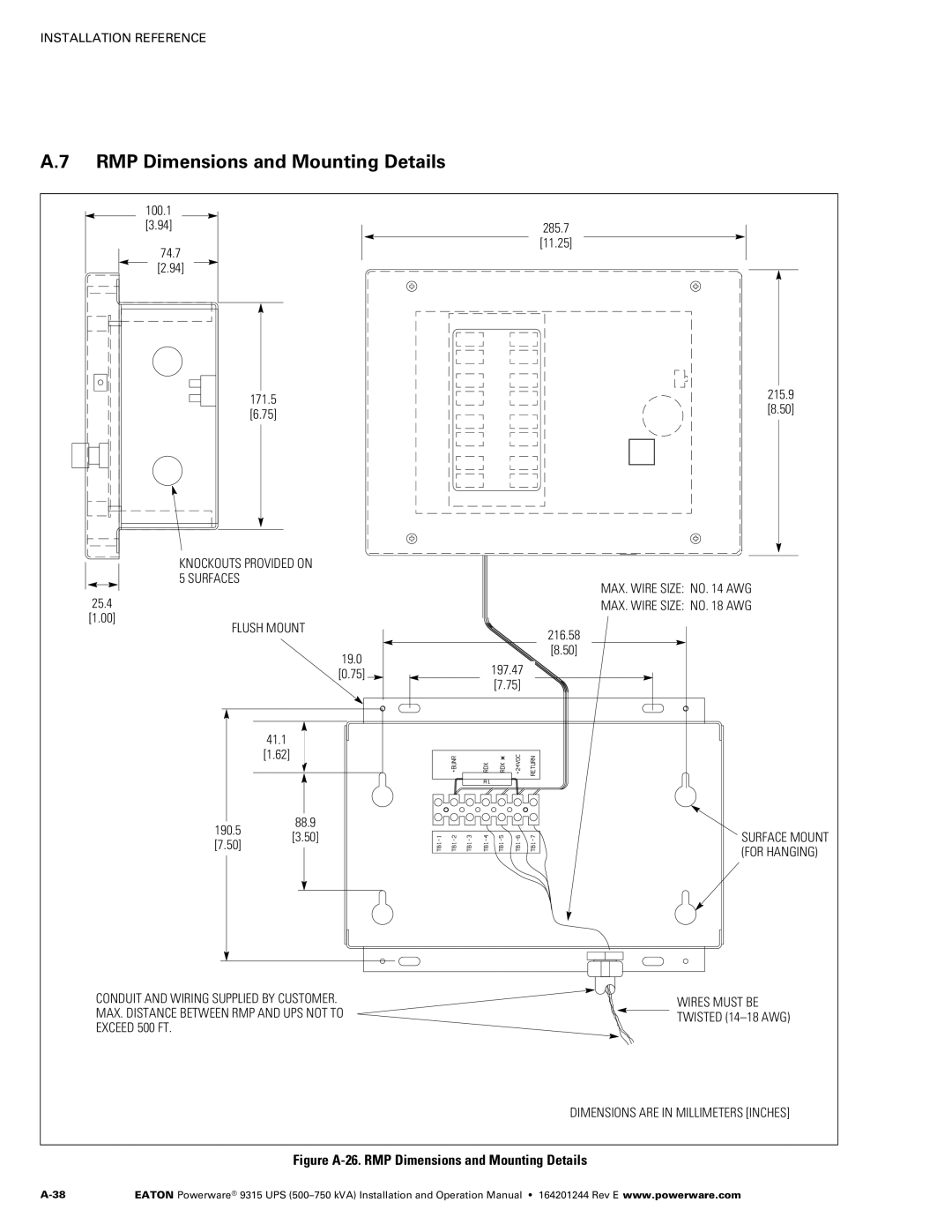 Powerware Powerware 9315 operation manual Figure A‐26. RMP Dimensions and Mounting Details 