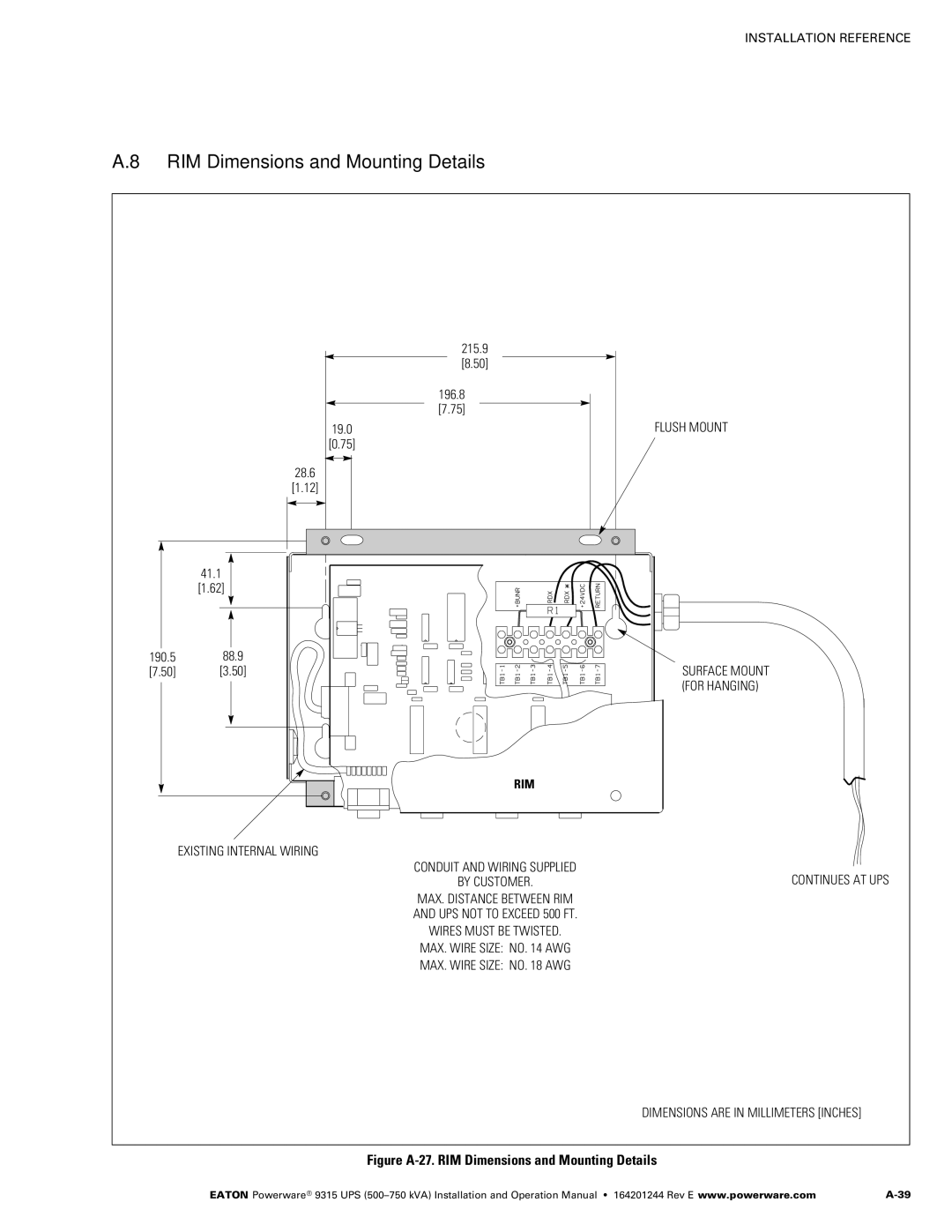 Powerware Powerware 9315 operation manual Figure A‐27. RIM Dimensions and Mounting Details 