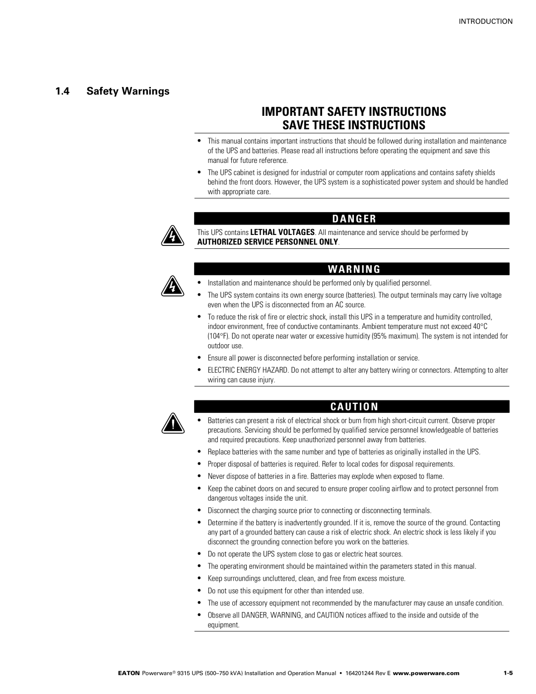 Powerware Powerware 9315 operation manual Safety Warnings 