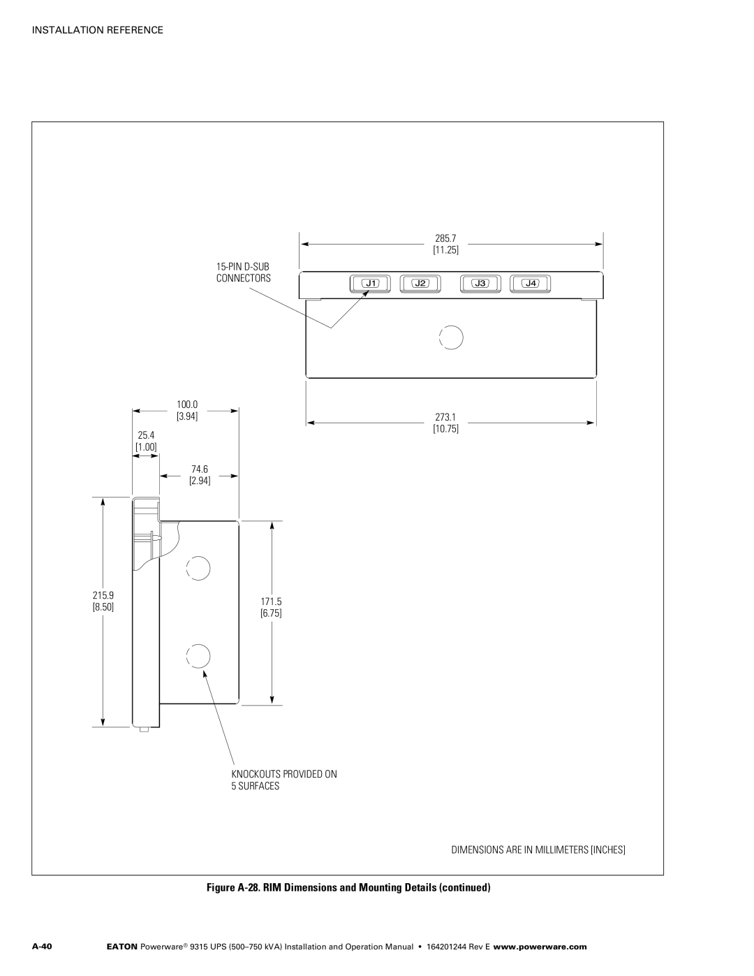 Powerware Powerware 9315 operation manual Figure A‐28. RIM Dimensions and Mounting Details 