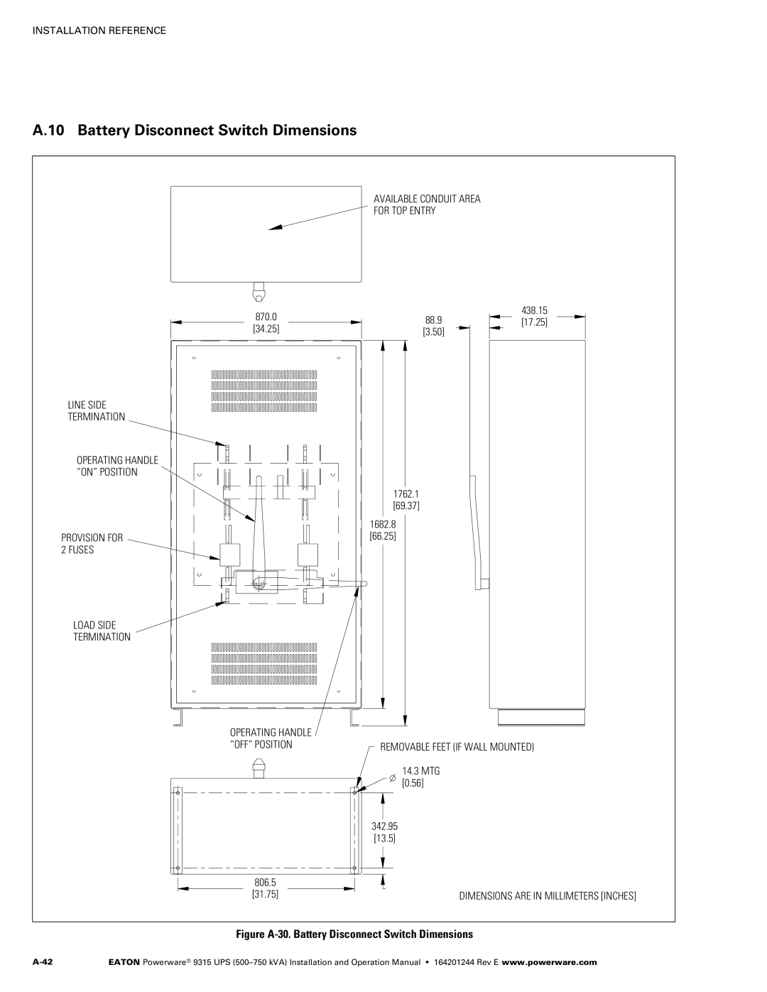 Powerware Powerware 9315 operation manual Figure A‐30. Battery Disconnect Switch Dimensions 