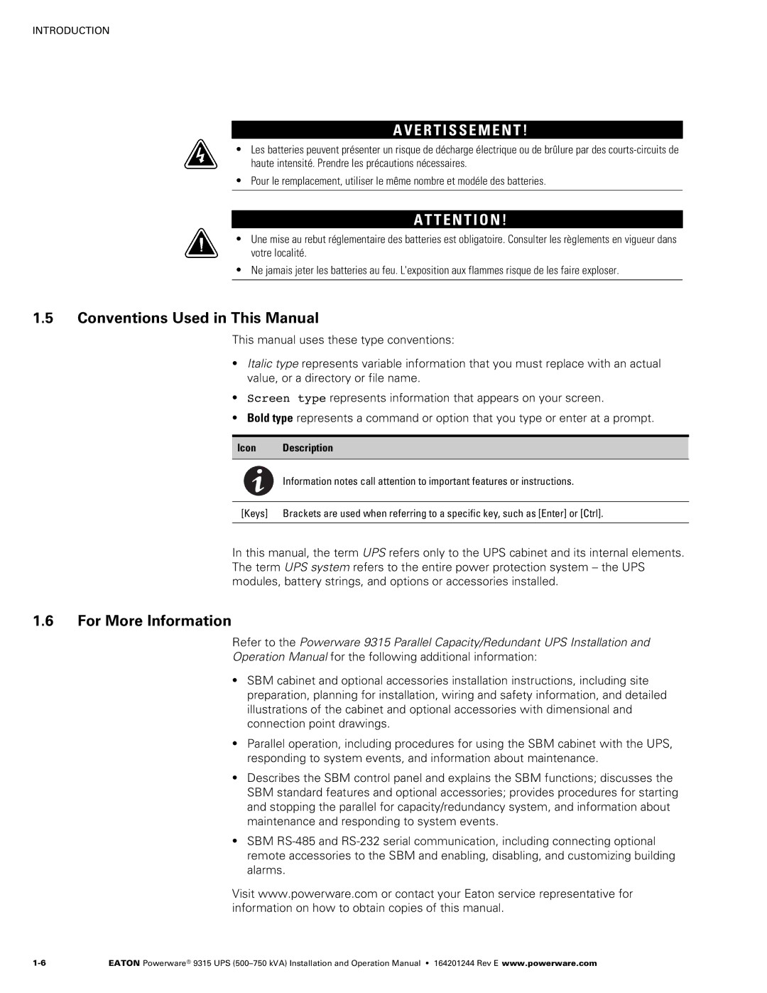 Powerware Powerware 9315 operation manual Conventions Used in This Manual, For More Information, Icon Description 