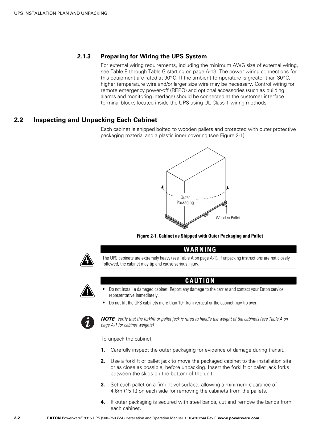 Powerware Powerware 9315 operation manual Inspecting and Unpacking Each Cabinet, Preparing for Wiring the UPS System 