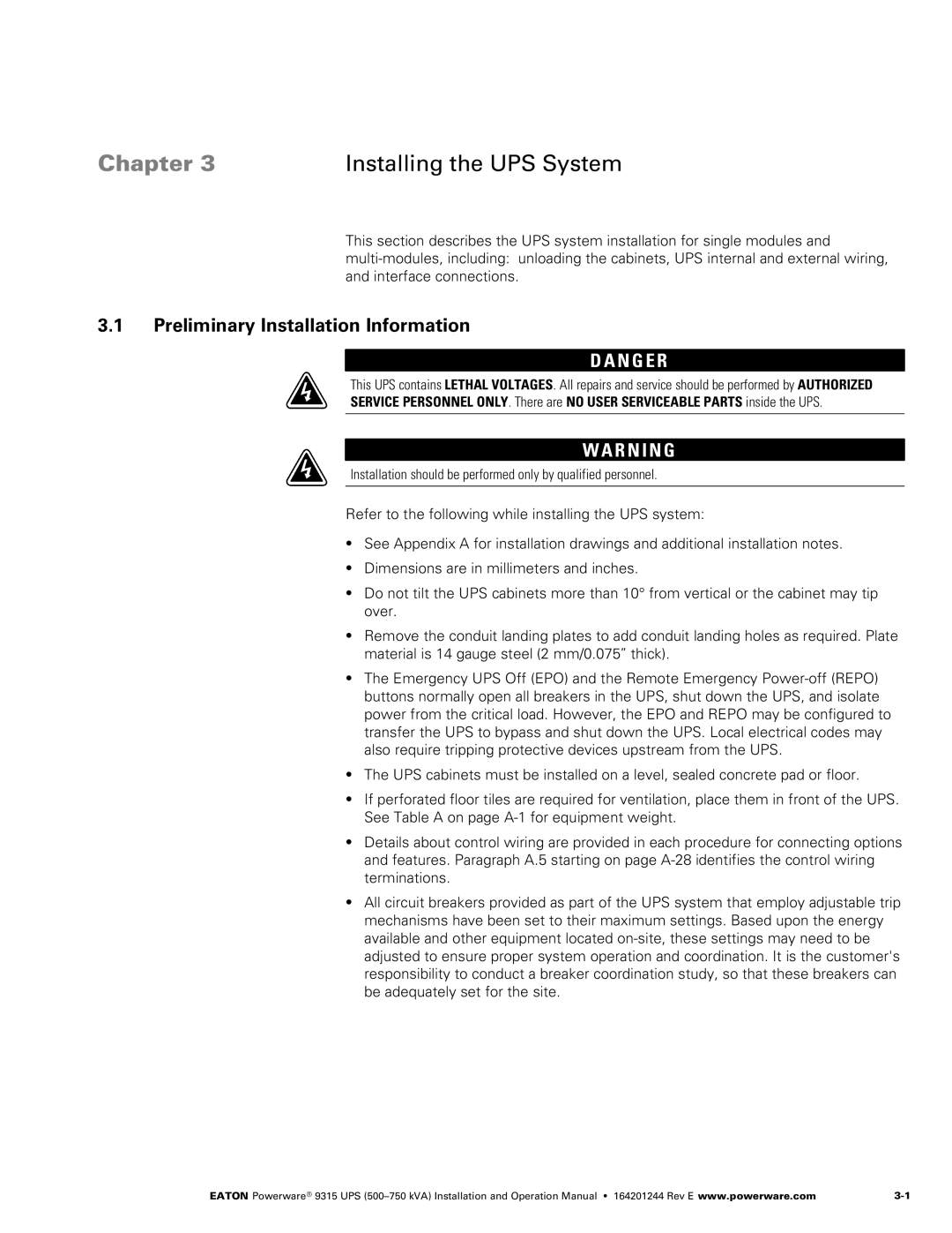 Powerware Powerware 9315 operation manual Chapter Installing the UPS System, Preliminary Installation Information 