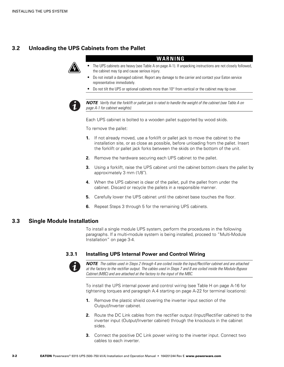 Powerware Powerware 9315 operation manual Unloading the UPS Cabinets from the Pallet, Single Module Installation 