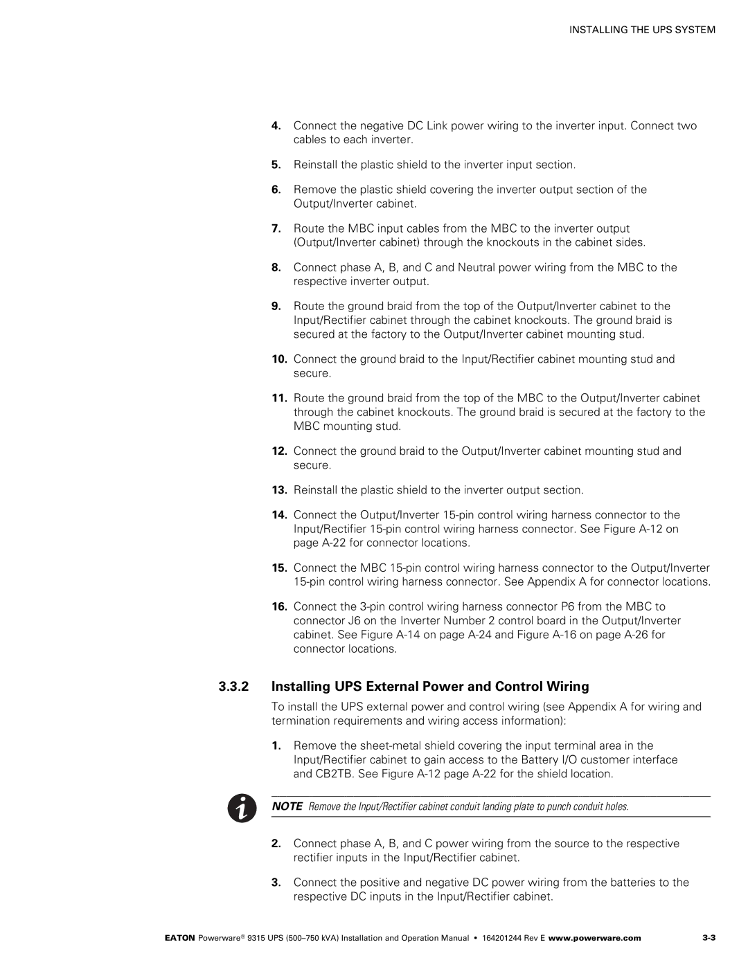 Powerware Powerware 9315 operation manual Installing UPS External Power and Control Wiring 